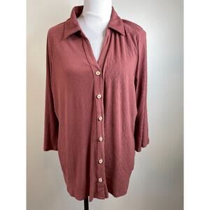 Fred David Womens Button Up Blouse Size 2X Gauzy V-Neck 3/4 Sleeve Shirt NWT